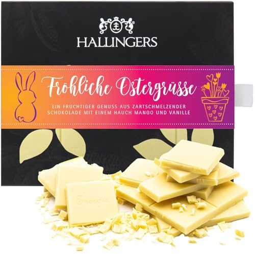Hallingers Genuss Manufaktur Weiße Schokolade Oster-Geschenk - Tafel aus handgeschöpftem Edelkakao ohne Alkohol edler Karton Fröhliche Oster... Mango-Vanille, Ostern Körbchen für Frauen Männer