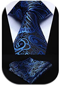HISDERN Herren Krawatte Blumen Paisley Krawatte & Einstecktuch Set Blau Schwarz