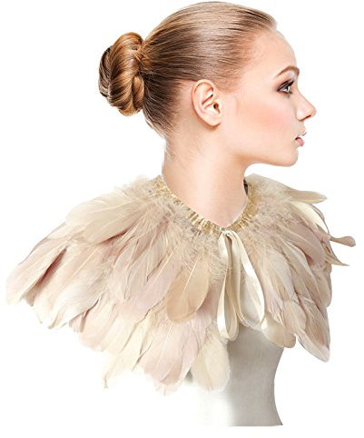 keland Feder Cape Stola Schwarz Weiß Beige Schal Halloween-Kostüm (Beige)