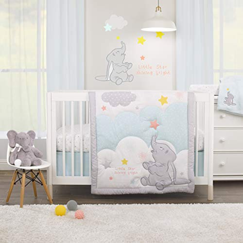 Disney Dumbo Shine Bright Little Star Bettwäsche-Set, 3-teilig, Aqua, Grau, Gelb und Orange, Bettdeckenbezug, Spannbetttuch, Staub-Rüschen, Aqua, Grau, Gelb, Orange