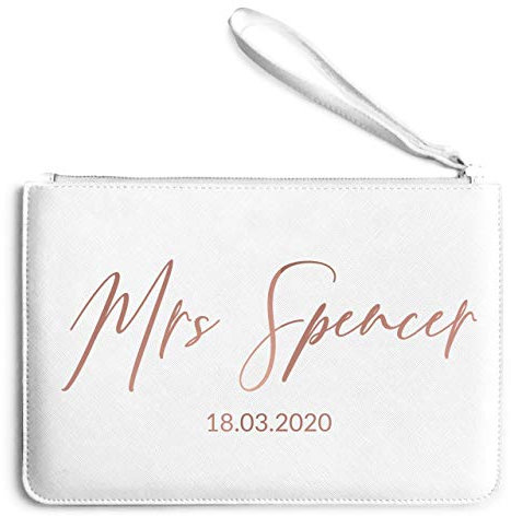Personalised Mrs Clutch Bag Bride to Be - Wedding Gifts from Husband Custom Date - Make Up Accessories, White