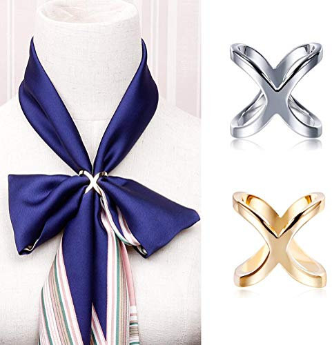 2 x modische Damen-Seidenschal-Clip-Ring, elegant, X-Form, für Schal, Halstuch, Bluse, Kleidung, Verschlussring zum Verzieren von Zubehör für Damen und Mädchen (Gold + Silber)