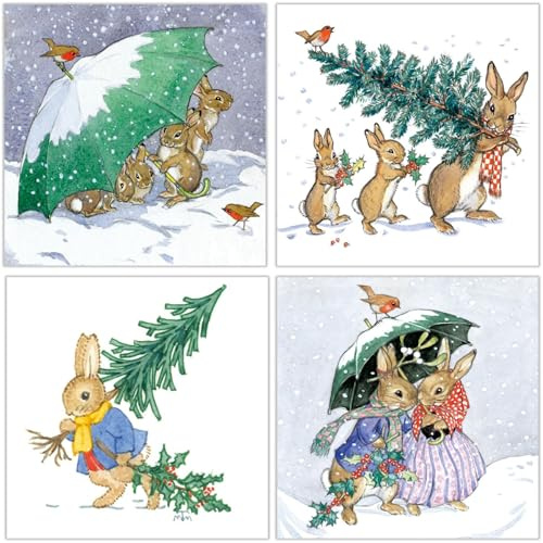 Museums & Galleries Weihnachtskarten für Wohltätigkeitsorganisationen, 20 Stück, festliche Hasen im Schnee, verschiedene Premium-Grußkarten, Multipack mit Umschlägen, je 5 von 4 Designs, unterstützt