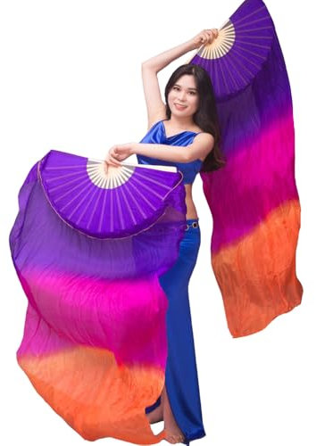 Nimiman Women 1 Pair (Left+Right) Silk Belly Dance Fan Veil Belly Dancing Long Folding Fans Length 150 cm Width 90 cm, Purple Rose Orange, 150*90cm
