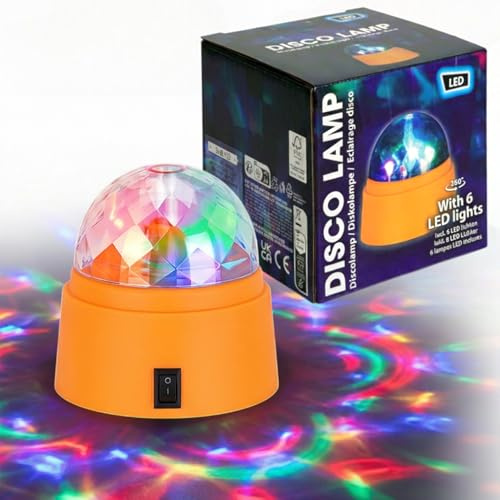 MIJOMA Mini-Discolampe 9 x 10 cm – 360 Grad Rotationskuppel mit 6 Lichtdioden – batteriebetriebenes Stimmungslicht im Farbmix Zufall – für Party Geburtstag Kinderzimmer