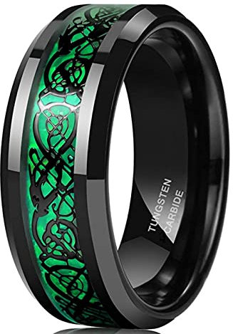 Zakk Ringe Herren Damen Wolframcarbid Schwarz Rot Grün 8mm Breit Keltisch Drachen Verlobungsringe Trauringe Eheringe Freundschaftsringe (Grün,55 (17.5))