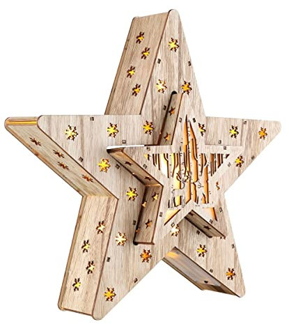 Gravidus LED-Holzstern-Set 2-teilig mit Holografik-Lichteffekten - Festliche Weihnachtsdeko aus natürlichem Holz und Kunststoff, batteriebetrieben