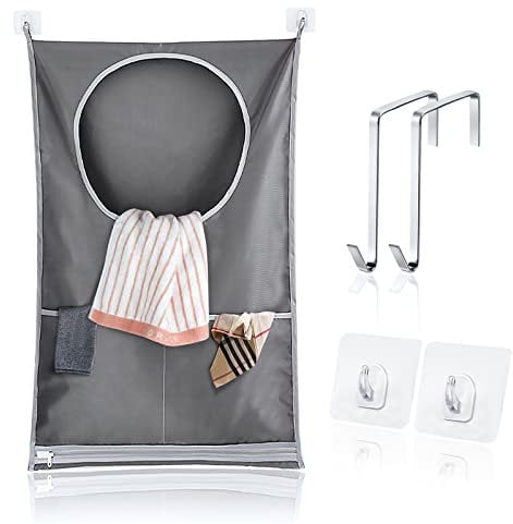 flintronic Laundry Bags, Hanging Laundry Hamper with Stainless Steel Hooks & Adhesive Hooks, Adjustable Laundry Basket for Laundry/Moving House/Shopping, 30*15*2