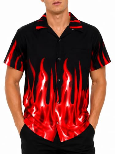 King Kameha Herren Hawaiihemd Kurzarm, Sommer Aloha Shirt mit Flammen Print