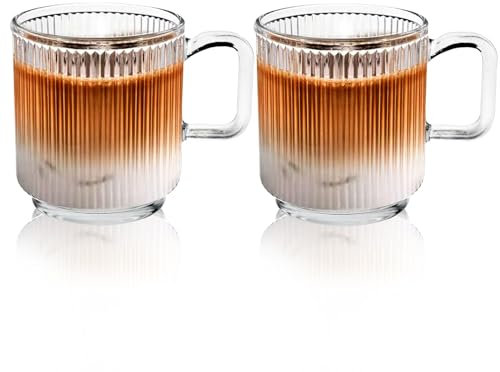 D.M Design•Master [2 Pack, 350ML] - Premium Glass Coffee Mugs with Vertical Stripes, Transparent Tea Glasses for Hot/Cold Beverages, Perfect Design for Americano,Latte or Tea and Beverage.