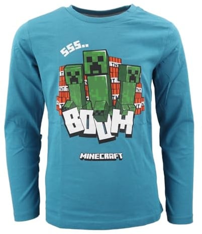 Minecraft Creeper Kinder Langarmshirt – Gamer Shirt für Jungen – 100% Baumwolle – Größen 116 bis 152 – Hellblau oder Dunkelblau