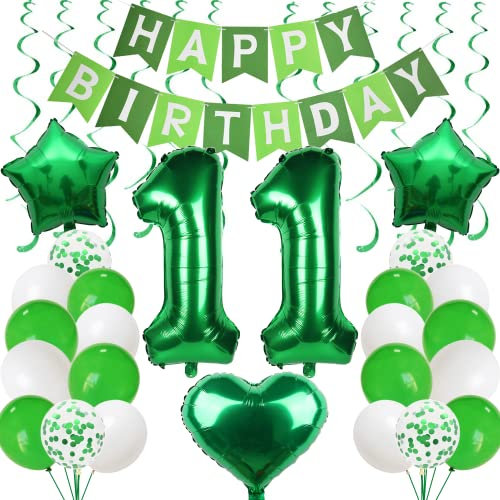 Grüne 11. Geburtstagsdeko: Luftballons mit Girlande für Jungen und Mädchen zum 11. Geburtstag