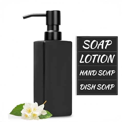 Soap Dispenser, Black Soap Dispenser with Stainless Steel Pump Hand Soap Dispenser Matte Glass Soap Dispenser for Bathroom Kitchen Shampoo and Conditioner Dispenser with Waterproof Labels 350ml/12.3oz