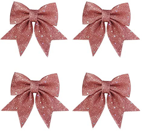 TOPWAYS Große Glitzerschleifen für Weihnachtsbaumdekoration, 4 Stück Weihnachtsbaum-Krawatten, Schleifen, Weihnachtsschleifen, Kränze, Schleife, dekoratives Ornament (rosa)