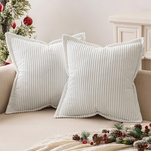 MIULEE Kordsamt Kissenbezug Weiche Kissenhülle Dekorative Sofakissen Quadratische Dekokissen Moderne Zierkissenbezug Gestreifte Kissenbezüge für Schlafzimmer 2 Stück 50x50 cm, Weiß