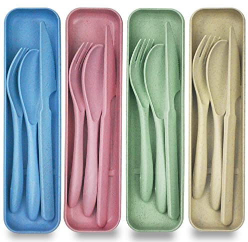 Travel Cutlery Set with Case,Portable Camping Cutlery,4 Pack Plastic Cutlery Set Reusable Forks Spoon Tableware for Kids Adult Travel Picnic Camping School or Daily Use(Green+Pink+Blue+Yellow)
