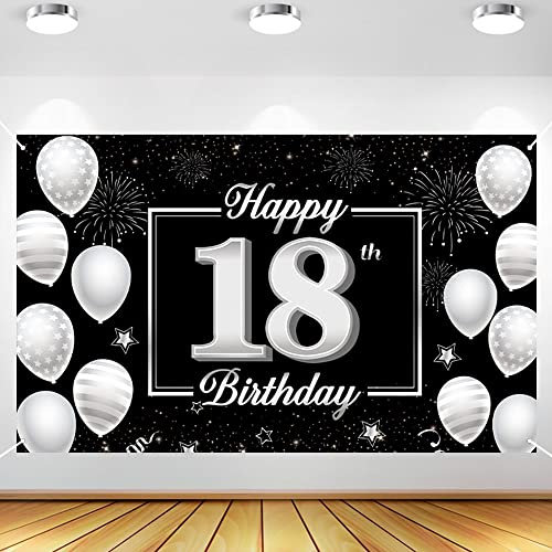 18th Happy Birthday Hintergrund Banner 18 Geburtstag Banner schwarz Silber Dekorationen für Jungen Mädchen Geburtstag Hintergrund Banner Party Dekor für Jubiläum Foto Booth Hintergrund