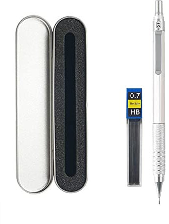 JOMPENS 0.3 0.5 0.7 2.0mm lápiz mecánico metálico retráctil de centro de gravedad bajo. Se puede utilizar para dibujos de estudiantes (0,7 bolígrafos de plata y cajas de regalo de plata)