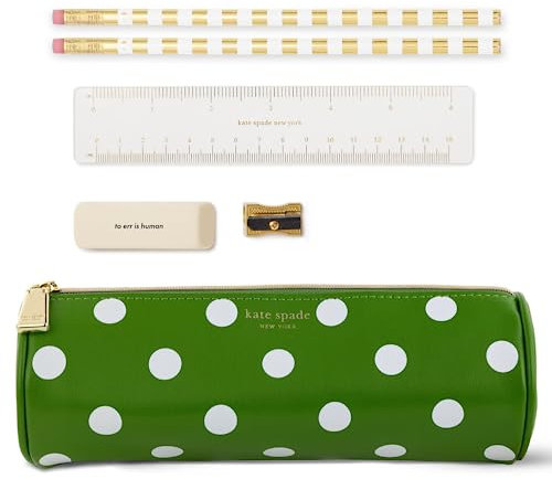 kate spade new york Astuccio per penne e matite con accessori per ufficio, custodia con cerniera include 2 matite, temperamatite, gomma e righello, Immagine Dot, moderno