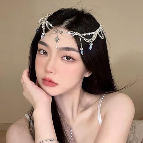 fdsmall Stirnbänder für Frauen Stirnband Kopfkette mit Perlen Tropfen Kopfbedeckung Fee Haar Ornamente Stirn Kette Kristall Stirnband Haarmode Lange Quaste Kopfschmuck Kopfschmuck Kopfschmuck