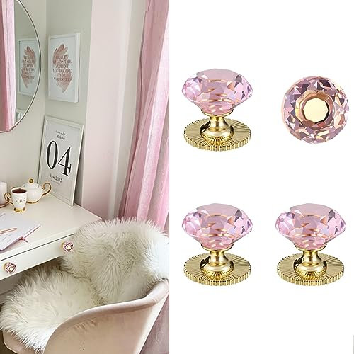 Elistonie Crystal Self Adhesive Handles for Mirror Cabinet & Dresser Drawer - 40mm Diamond Shaped Glass Knobs (4pcs, Pink & Gold)