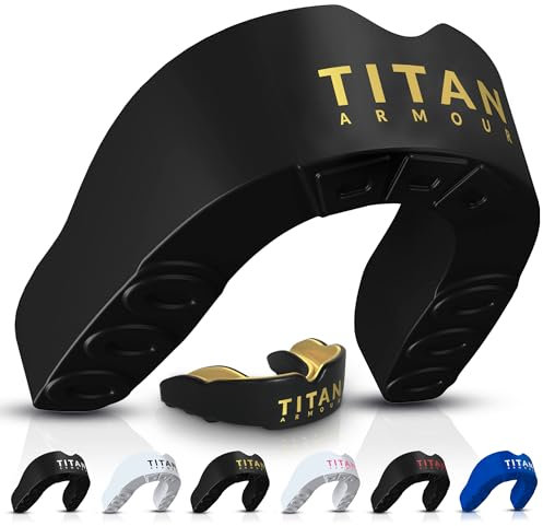 Titan Armour® Gum Shield w/Dual-Layer Technology | Adults & Junior Custom-Fit Mouth Guard | Case Inc | Boil & Bite Mouthguard: Boxing, Rugby, MMA, Hockey & All Contact Sports | UK Brand Age 11+ Gold