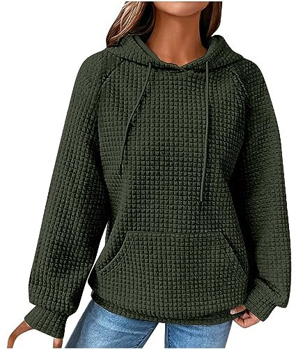 EMATOP Hoodie Damen Causal Baumwolle Kapuzenpullover Mode Waffel Sweatshirt mit Kapuze Pullover Langarm Einfarbig Kapuzenpulli Oberteile Herbst Winter Sport Langarmshirt Pulli Streetwear