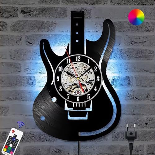KZT RGB LED Wandleuchte mit Fernbedienung Gitarren Schallplattenuhr Wanduhr mit Wandlampe Dimmbar Wandbeleuchtung mit EU Stecker 3D Design Uhren für Wohnzimmer Schlafzimmer Bars Restaurant Wand-Deko