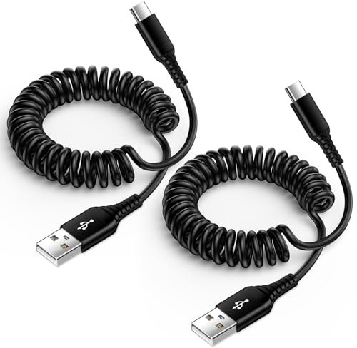 Coiled Cable USB C Phone Charger Cable Short for Car, 2Pack Android Auto Cable Type C Fast Charging Retractable Spring Cord for Samsung Galaxy S24 S23 S22 S21 S20 A14 A54 A34 A52 A53 Z Flip 6, Pixel 9