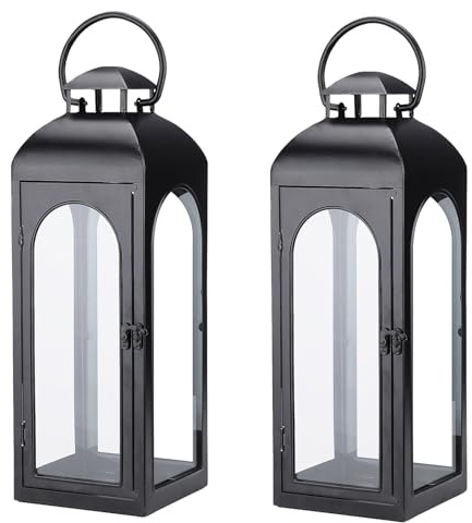 Große Luxus-Laterne, dekorativ, hoch, 50,8 cm, schwarzes Metall, Hurrican-Laternen mit transparenten Glasscheiben, für Veranda, Tischplatte, Kaminsims, Wandbehang oder Garten, Innen- und Außenbereich