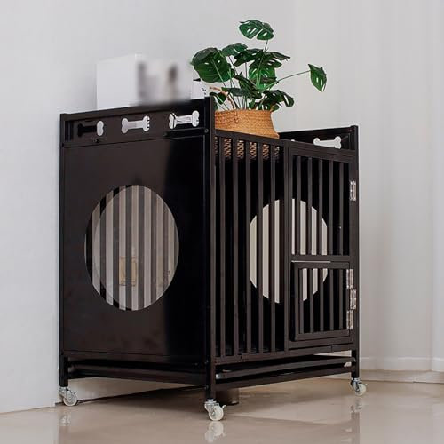 2-in-1 Furniture Style Dog Crate Heavy Duty Dog Cage End Table with Wheels Chew-Resistant Dog Kennel Dog House Indoor Rustic Heavy Duty Dog Crate Furniture for Small to Large Dog. (Color : Black, Si