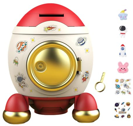 GmeDhc Sparschwein Groß, Sparschwein Rakete Astronaut, Spardose Kinder Mädchen Junge, Spardose Groß Personalisiert, Sparbüchse mit Cartoon-Aufkleber und Schlüssel Entsperren
