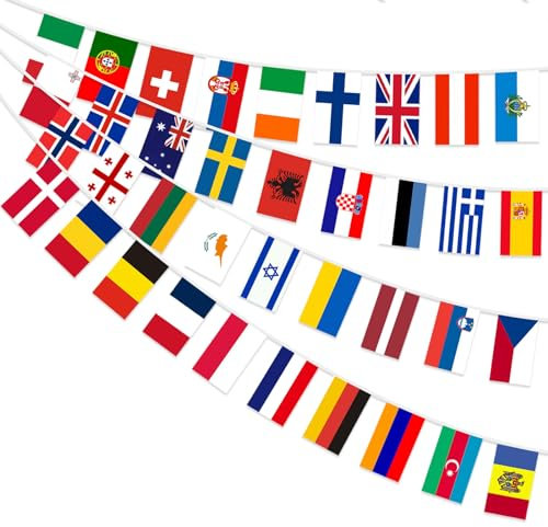 AhfuLife Eurovision Europäische Flagge Wimpelkette, 37 Länder Doppelseitige Stoff-Wimpelkette Europäische Flagge Bunting für Eurovision 2025 Song Contest Party Bar Club Garten Straße Deko(10 Stück)