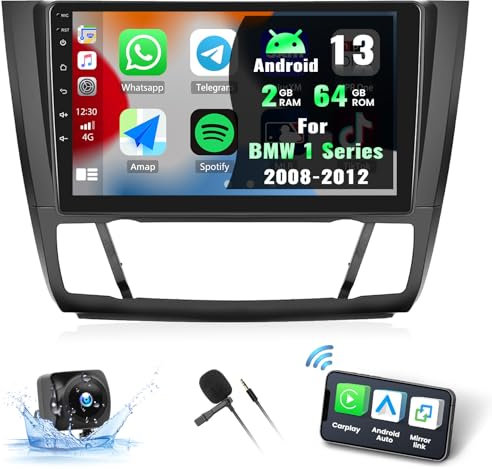 CAMECHO 2G+64G Android 13 Autoradio per BMW Serie 1 E81 E82 E87 E88 2008-2012 2008-2012 con Carplay Android Auto senza fili, 9 Schermo Auto Stereos con Mirror Link BT HiFi WIFI FM RDS