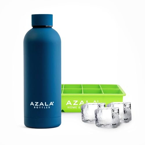 Azala® - PACK Cubitera para Hielo Grande con Tapa + Botella de agua 500ml - Cubiteras de silicona grande para 8 cubitos de Hielo XXL - Botella Térmica Deportiva - Sin BPA - VERDE y VERDE AZULADO