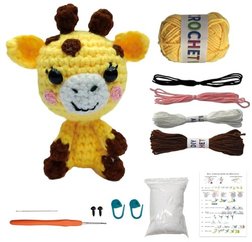 MJARTORIA Strickset Häkelset für Anfänger Tiere, Häckeln Stricken für Anfänger Set mit Anleitung, Kreativ Strickset Bastelset Erwachsene Kinder Geschenk(Gelb Giraffe)