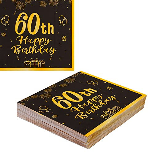 MAGLAUG Servietten 60. Geburtstag Mann Frau, Schwarz Gold Deko für Männer Frauen, 40 Stück