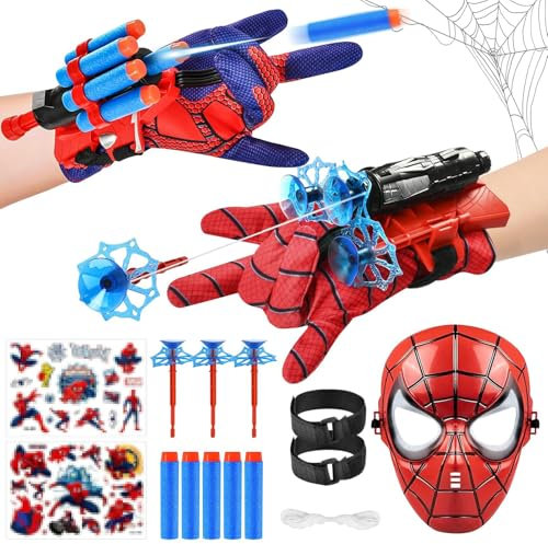 Taufe Lot de 2 Gant de Lanceur Spiderm,Spiderm Launcher,Lance Toile spiderm,Gants Spiderm Hero en Plastique avec Masque et Autocollants Gant de Cosplay en Plastique pour Enfants,Cosplay pour Enfants
