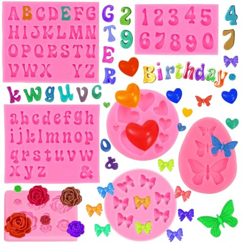 Asaisimg Lot de 7 moules en silicone pour fondant, lettres de l'alphabet et chocolats, chiffres de 0 à 9, cœur, nœud, papillon, fleurs