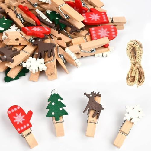 100 Pièces Clips Photo en Bois,Clips en Bois de Noël,Mini Pinces à Linge Bois Déco avec Ficelle,Pince à Linge en Bois Mini Clips Photo en Bois,Décoration de Noël Clip en Bois