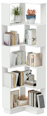 mosegor 6 Etagen Eckregal aus Holz, Großes Eck-Bücherregal Modernes Standregal Wohnzimmer, S-förmiges Bücherregal für Arbeitszimmer, Schlafzimmer Büro, H-175cm (Weiß)