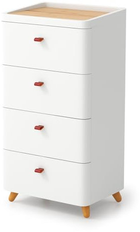 COSTWAY Chest of Drawers, 4-Drawer Dresser Storage Cabinet with Bamboo Top, Solid Wood Legs Freestanding Narrow Chest Cupboard Organiser Unit for Bedroom, Living Room, Closet and Hallway, White