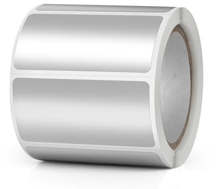 YIKIADA Silver Thermo Etiketten Vinyl 25 × 50 mm Rolle Rechteckig Selbstklebend Adressaufkleber Wasserdicht Glitter Aufkleber für Logo Barcode QR Code Kinder Office Home 300 Stück