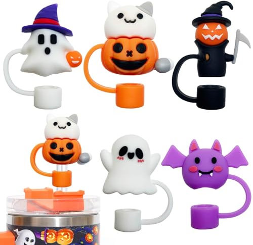 Strohhalm Abdeckung für Stanley Cup Zubehör, 5 Stück Halloween Strohhalm Abdeckung, 10mm Silikon Staubdichte Strohhalm Zubehör, Strohhalme Abdeckung Accessories für Stanley Tumbler Zubehör (B)