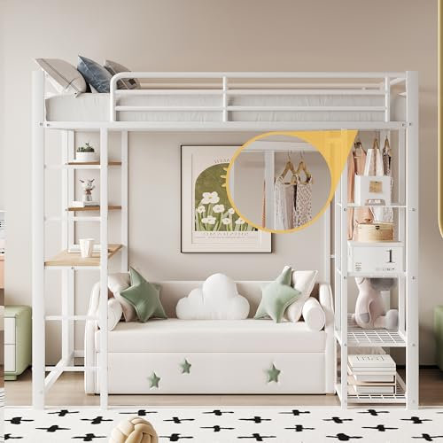 Soweiz Kinderbett, Metall-Hochbett mit Leiter, Juniorbett Doppelbett mit Tisch mit einfachen Kleiderbügeln mit Ablagefächern,140x200 cm (Weiß)