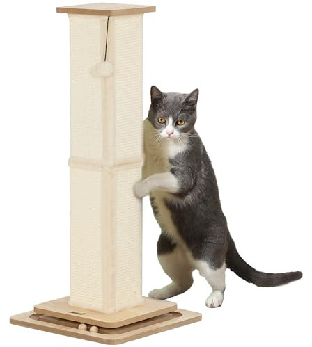 PawHut Poste Rascador para Gatos 87 cm Con Bola Colgante, Juguete de Pelota de Pista y Poste de Sisal Roble