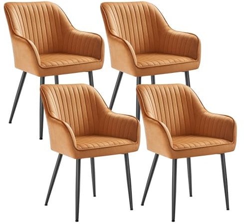 SONGMICS Esszimmerstuhll, 4er Set, Küchenstuhl, Sessel, Samt, Polsterstuhl mit Armlehnen, Loungesessel, bis 120 kg belastbar, Metallbeine, für Esszimmer, Küche, karamellbraun-tintenschwarz LDC087K14