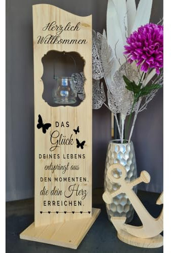Holzaufsteller, Holz Deko Schild Holzschild Eingangsschild Das Glück Deines Lebens mit Windlicht aus Glas, Geschenk, Weihnachten, Geburtstag