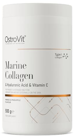 Marine Collagen Powder [500 g] Premium Sea Collagen for Drinking Hydrolysate, Fish Collagen Peptides Type 1 with Hyaluronic Acid and Vitamin C, Mango Flavour with Pineapple OstroVit