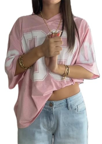 Oversized Jersey Shirts for Women Y2k Number Graphic Print V Neck Short Sleeve Aesthetic Summer T-Shirt Streetwear (Number 08, M)